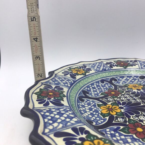 Talavera Pottery Mexican Hand Painted Plate Dish Blue Geo Floral Vintage Signed - Picture 9 of 10
